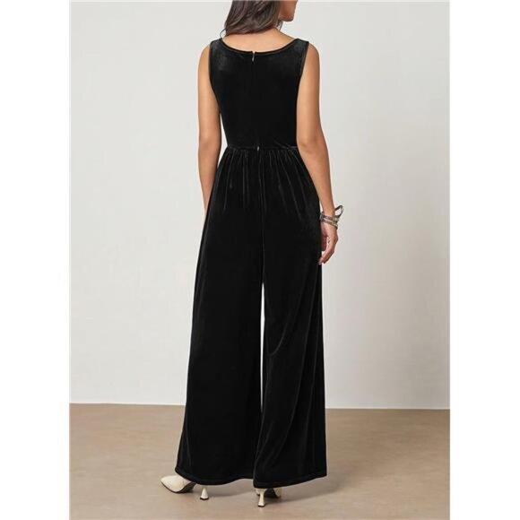 Women's Velvet Jumpsuit Winter Sleeveless Wide Leg Rompers Overall - Picture 3 of 6